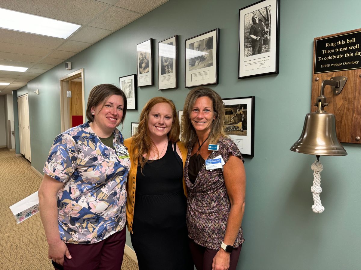 Jessica smiles with her former coworkers, Amanda and Tina, UPHS – Portage Obstetrics nurses Jessica smiles with her former coworkers, Amanda and Tina, UPHS – Portage Obstetrics nurses