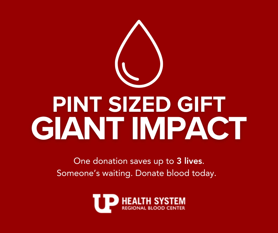 Pint sized gift, giant impact - One donation saves up to 3 lives. Someone's waiting. Donate blood today.